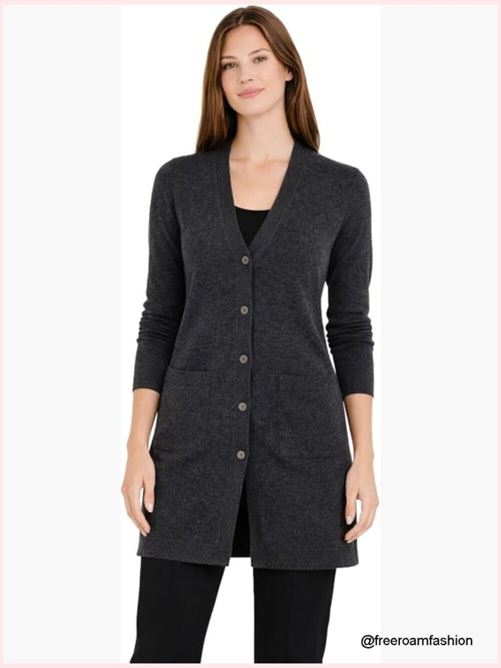 100% Cashmere Button Front Cardigan V Neck Sweater Dress with Pockets